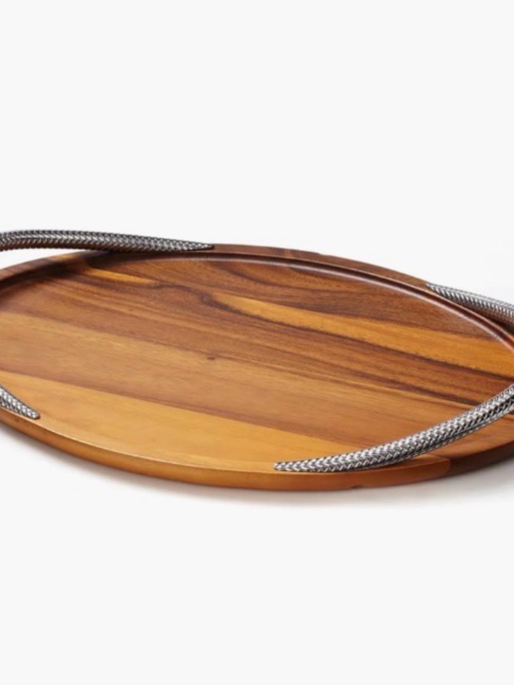 Nambe Acacia Wood Oval Tray with Braided Handles